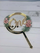 First Birthday Cake Topper for Girl – Gold Floral “One” Topper with Handmade Pink Flowers