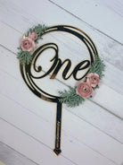 First Birthday Cake Topper for Girl – Gold Floral “One” Topper with Handmade Pink Flowers