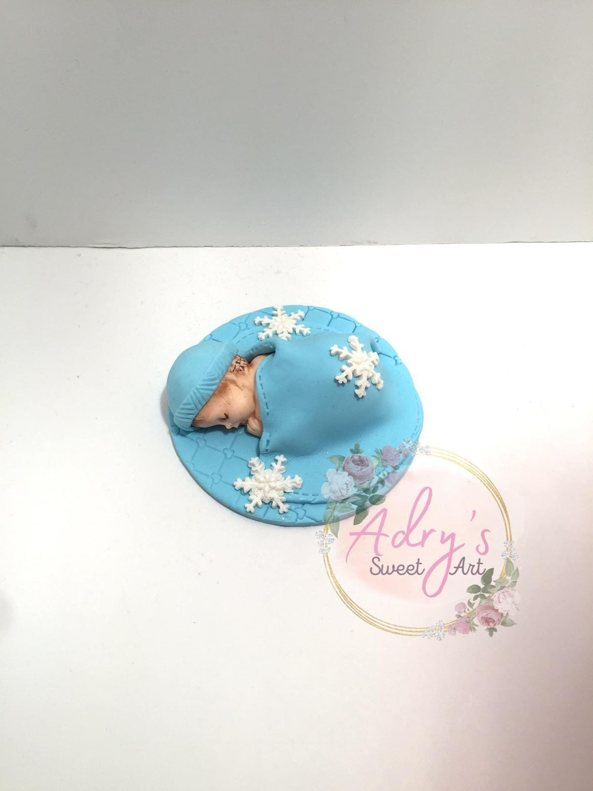 Winter Baby Boy Gum Paste Cake Topper, Blue Blanket