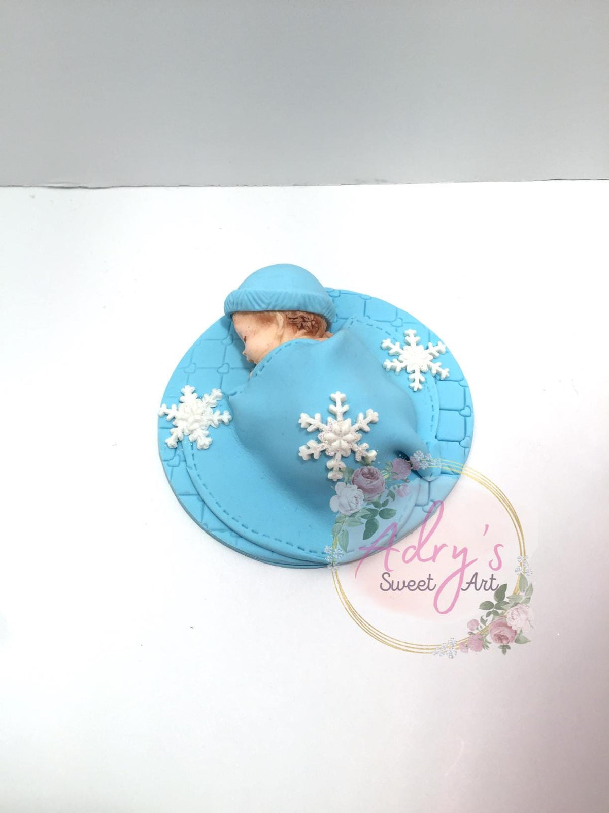 Winter Baby Boy Gum Paste Cake Topper, Blue Blanket