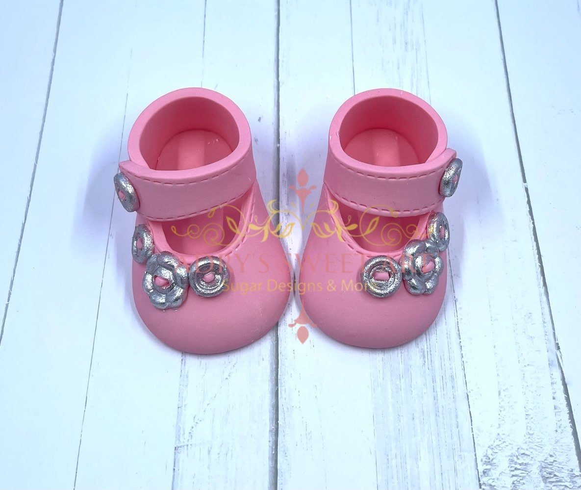 Pink Baby Shoes with Flowers Gum Paste Cake Topper - Adry’s Sweet Art