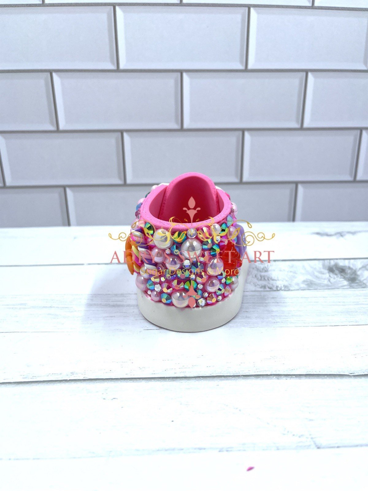 Pink Candy & Rhinestone Baby Sneakers Gum Paste Cake Topper - Adry’s Sweet Art