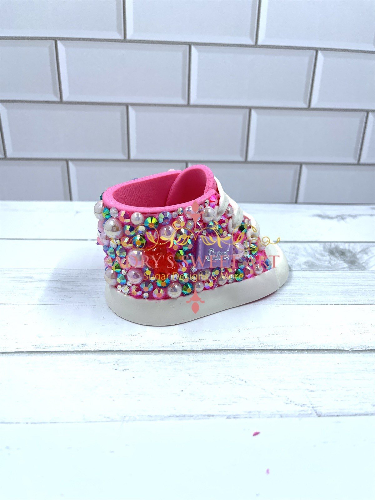 Pink Candy & Rhinestone Baby Sneakers Gum Paste Cake Topper - Adry’s Sweet Art