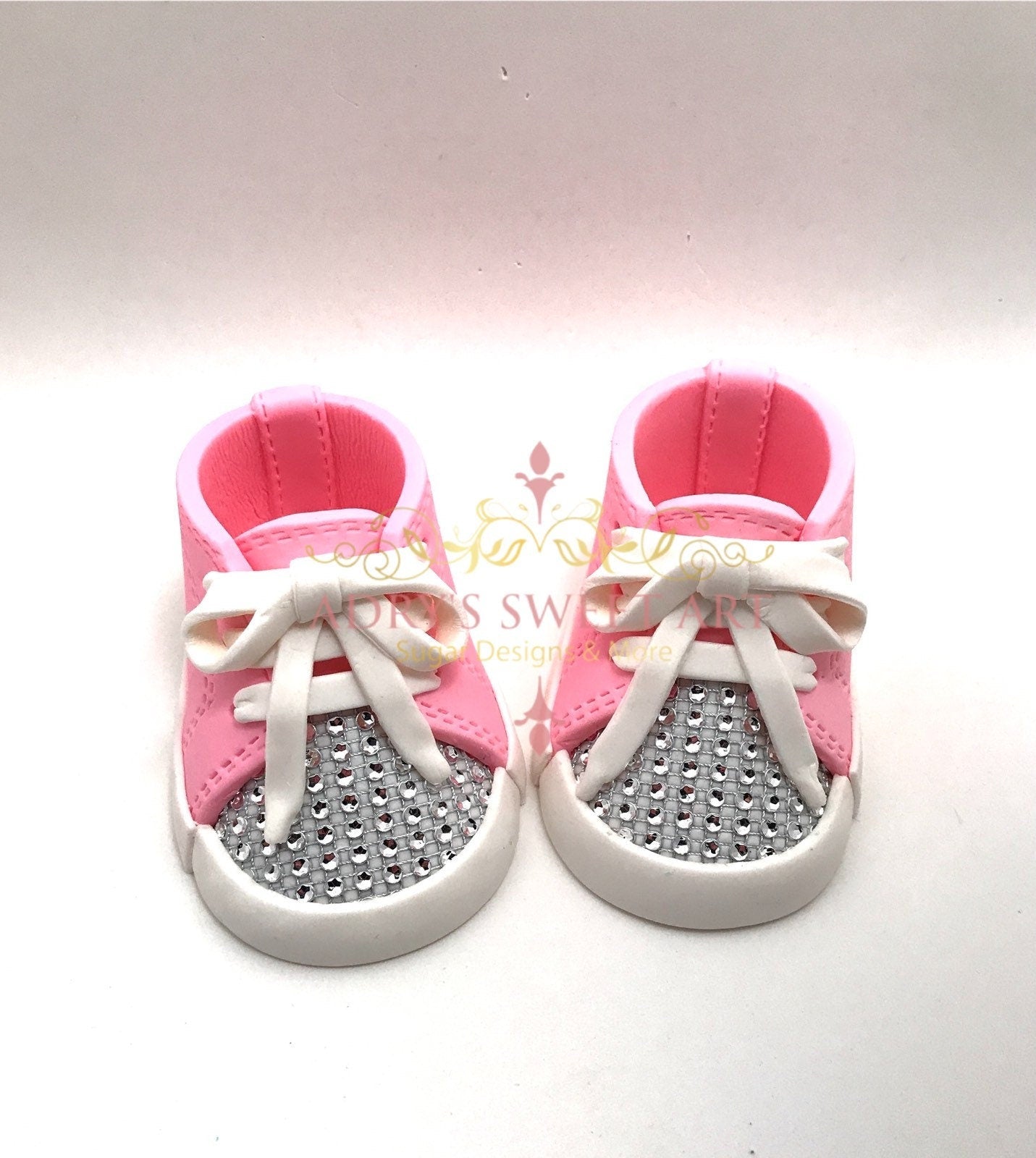 Pink Rhinestone Baby Sneakers Gum Paste Cake Topper - Adry’s Sweet Art