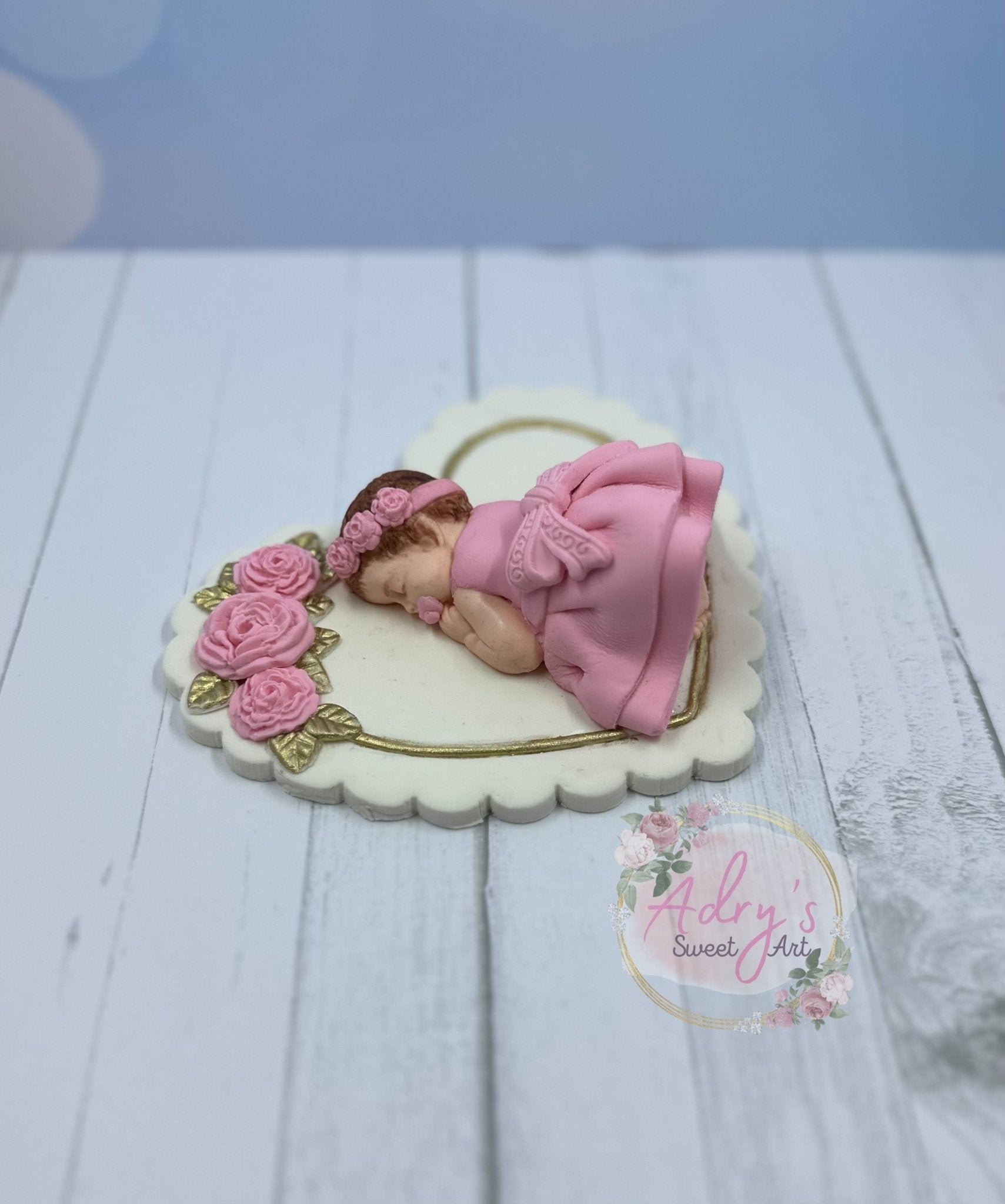 Pink Roses & Heart Baby Girl Gum Paste Cake Topper - Adry’s Sweet Art