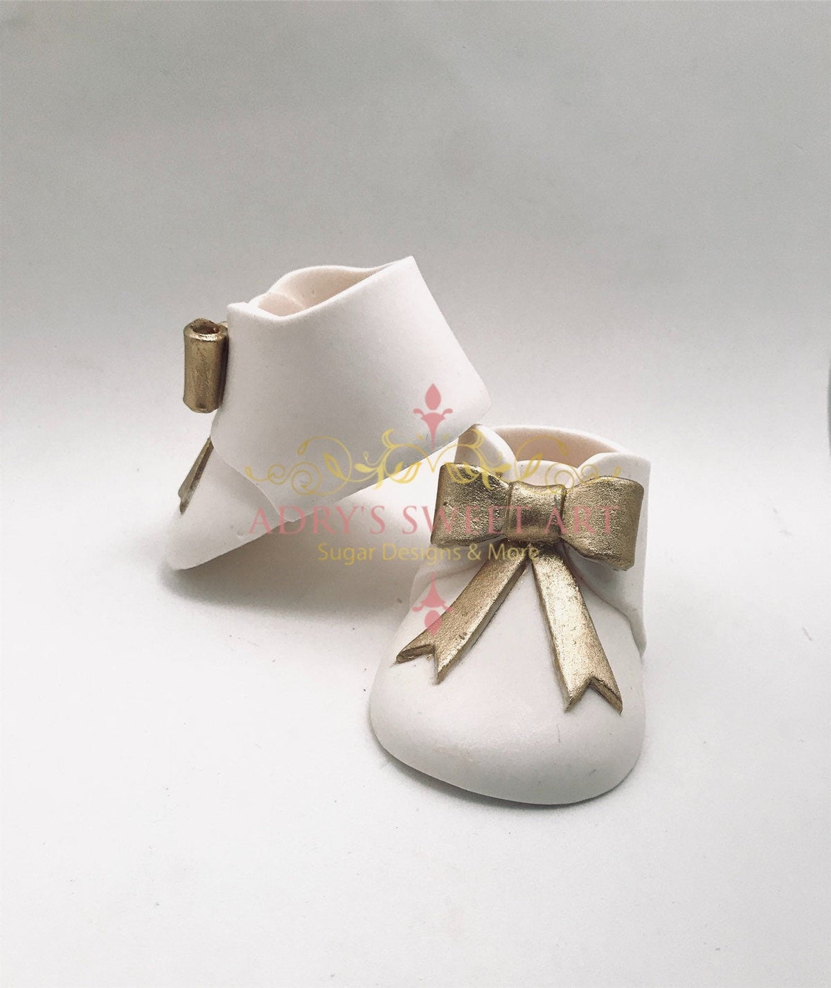 White Baby Boots with Gold Bow Gum Paste Cake Topper - Adry’s Sweet Art