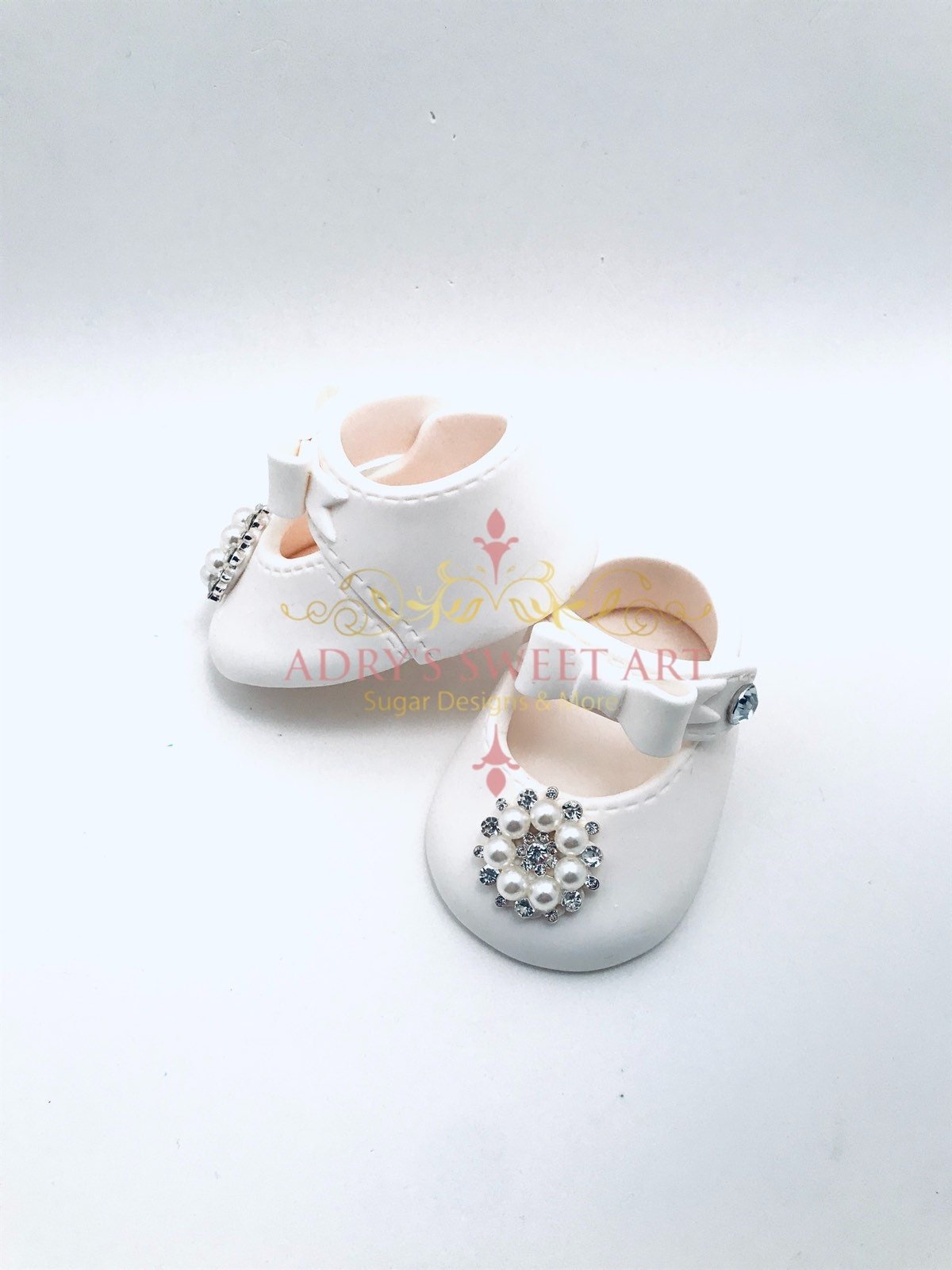 White Baby Shoes with Pearls & Rhinestones Gum Paste Cake Topper - Adry’s Sweet Art