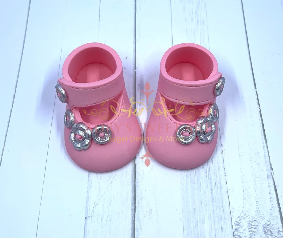 Gum Paste Baby Girl Shoes with Flower Buttons Cake Topper - Adry’s Sweet Art